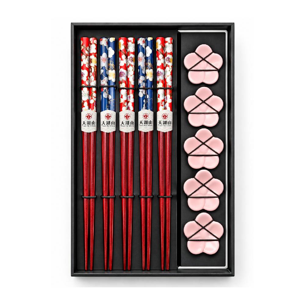 Nuovo progetto - 2026-09-23T124212.400 Set Bacchette Giapponesi Sakura con Poggiabacchette a Fiore – 5 Paia - immagine 1