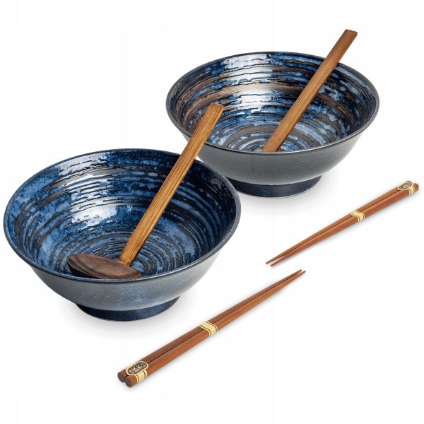 Ciotole giapponesi in ceramica, due cucchiai e due paia di bacchette bambu per Ramen, Edo Japan