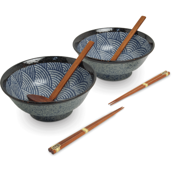 Ciotole giapponesi in ceramica, due cucchiai e due paia di bacchette bambu per Ramen, Edo Japan