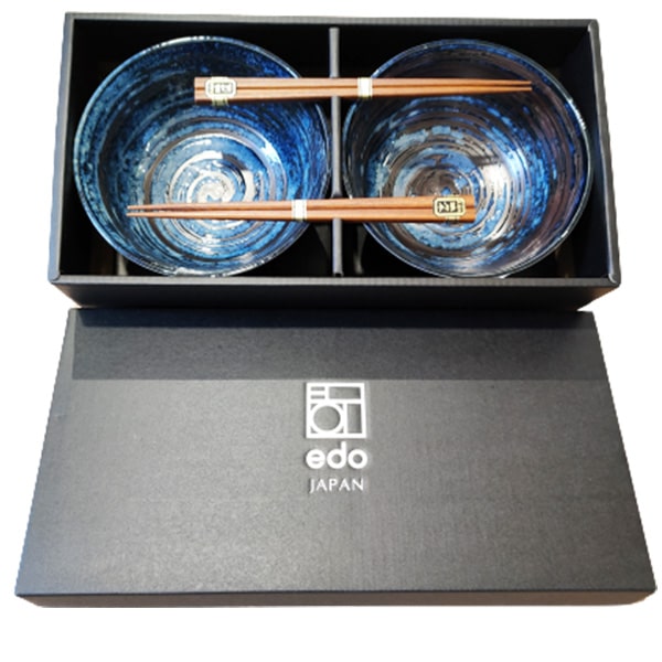Ciotole giapponesi in ceramica e due paia di bacchette bambu per Udon, Edo Japan